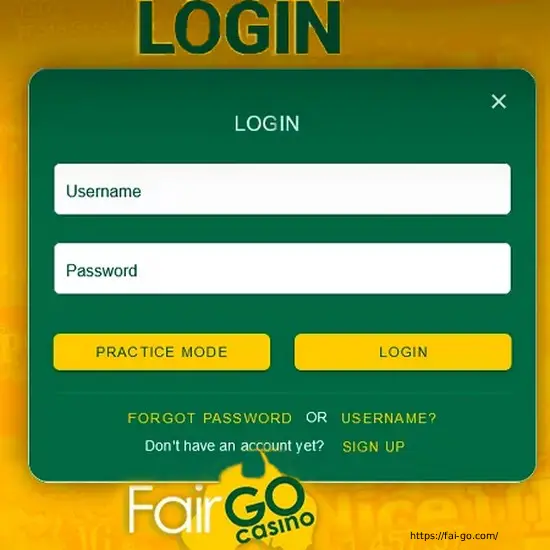Fair Go Casino login screen interface showing username and password fields